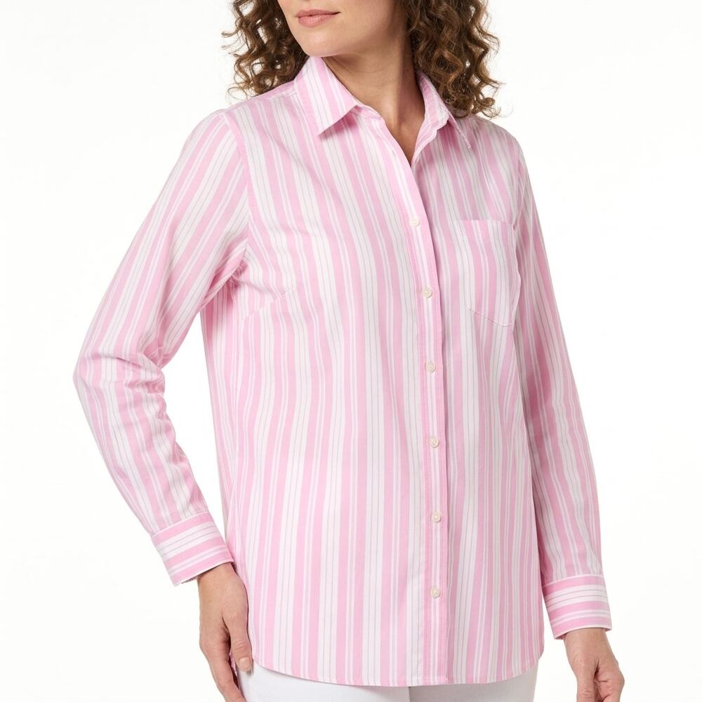 Liz & Me Pink Striped Stretch Button-Up Shirt Women Plus Size 1X